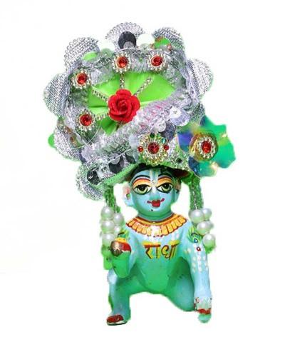 Green & Silver Laddu Gopal Pugree With Red Rose And Rhinestones