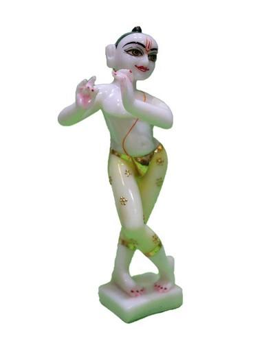 Flute Playing Krishna Statue In White And Golden Marble Finish