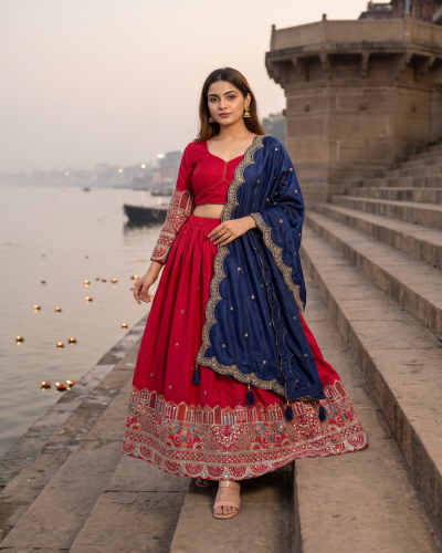 Heavy Thread Embroidered Gopi Dress in Magenta & Navy Blue | Festival Lehenga Choli