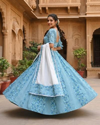 Elegant Floral Printed Sky Blue Gopi Dress with a 7-Meter Flare, Radha Krishna Gopi Dress