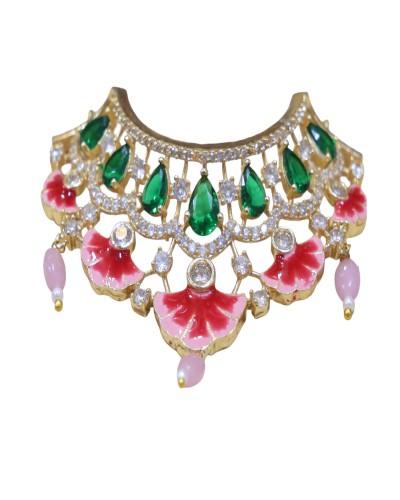 Beautiful pink flower AD mala with green stone for radhakrishna, laddo gopal