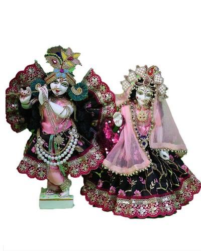 Elegant Radha Krishna Idol Set In Black And Pink Dress With Heavy Sequin Embroidery And Pearl Accessories For Special Occasions
