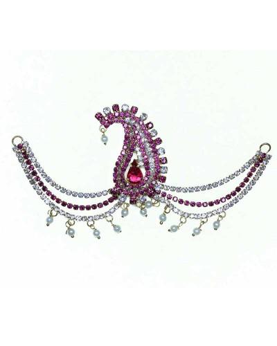 Magenta and White Stone Paisley Motif Jewelry Traditional Bridal Headpiece With Pearl Fringe