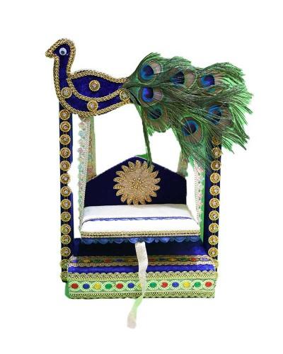Royal Laddu Gopal Jhula With Peacock Design Blue & Gold Deity Swing