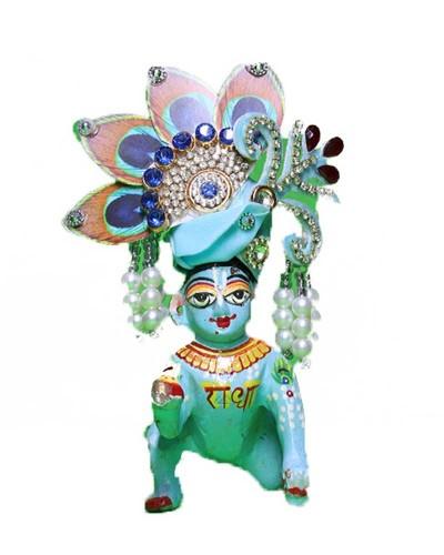 Light Blue Laddu Gopal Pugree With Peacock Feather & Pearl Drops