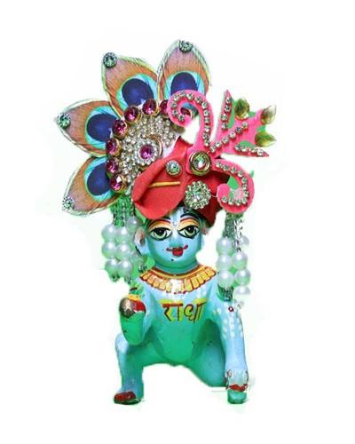 Red Laddu Gopal Pugree With Real Peacock Feather & Pearl Danglers