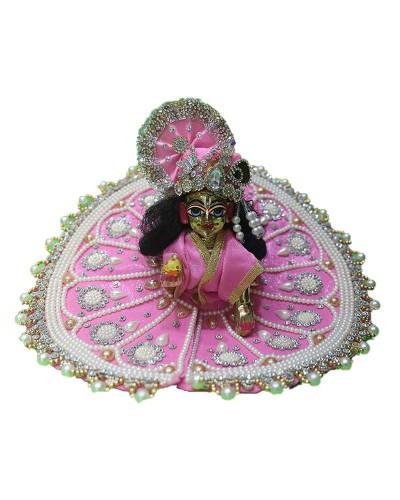 Regal Pink Peacock Feather Design Laddu Gopal Dress With Rhinestone And Kundan Work, Perfect For Special Occasions
