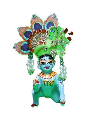Laddu Gopal Green Peacock Feather Pugree With Pearl & Stone Work