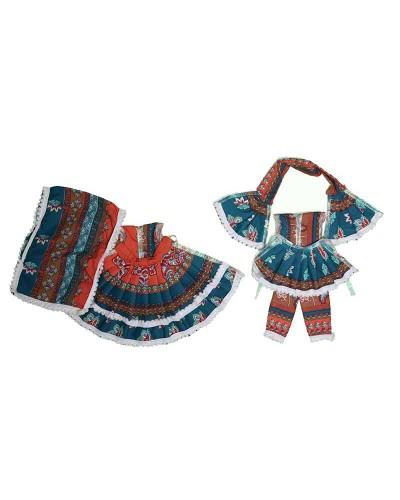 Unique Teal Orange Printed Traditional Radha Krishna Dress With Border Work