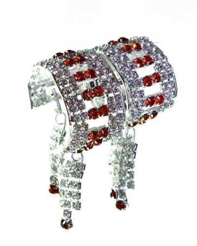 Striking Red & White Rhinestone Wide Cuff Bracelet With Hanging Strands Fashionable Statement Jewelry