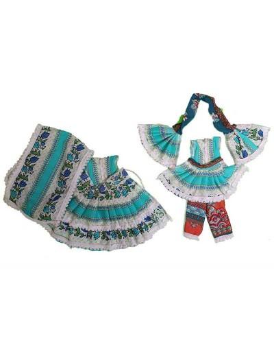 Elegant Blue Floral Print Cotton Radha Krishna Dress With Frill Detailing