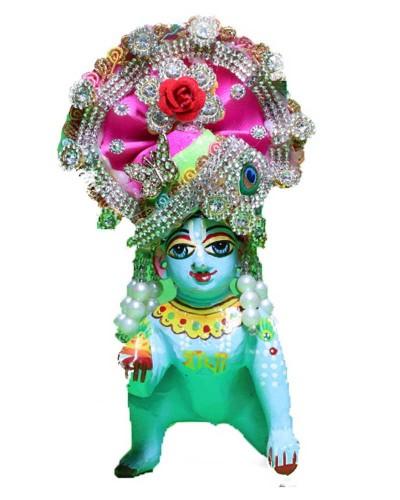 Pink & Green Laddu Gopal Pugree With Red Rose & Stone Border