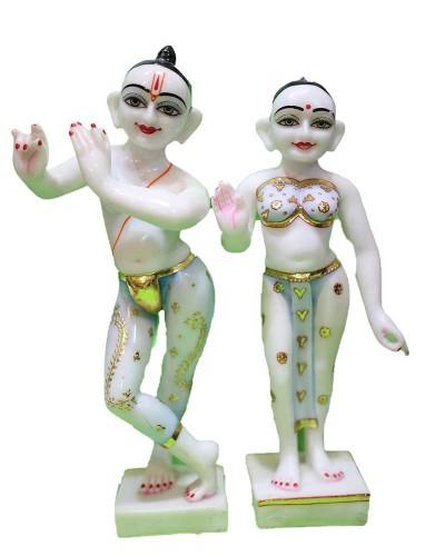 Elegant Radha Krishna Statue Pair With Glossy White Finish And Blue Gold Attire For Mandir Use