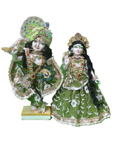 Decorative Radha Krishna Statue Set In Light Green Traditional Attire With Crown And Jewelry For Puja And Festival Use