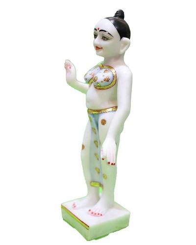 Radha Idol In White And Sky Blue Attire With Golden Motif Design For Home Temple Decor