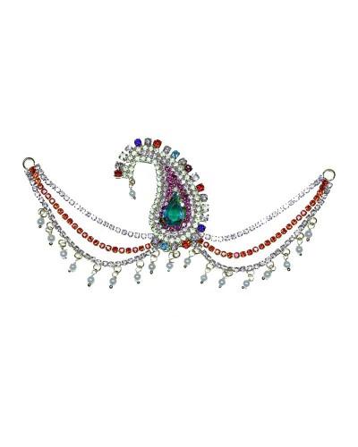 Multi-Color Crystal Paisley Accessory With Green Teardrop Stone And Pearl Chains