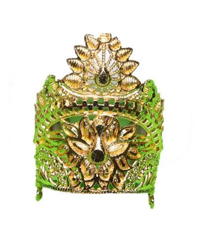 Elegant Green Base Mukut With Golden Leaf Embellishments For Idols