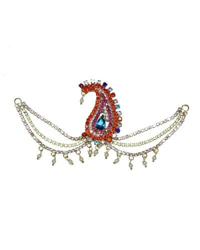 Vibrant Orange & Blue Paisley Ornament With Layered Rhinestone Chains And Pearls