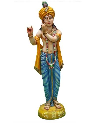Lord Krishna Statue With Peacock Feather Turban And Floral Garland For Temple And Gift