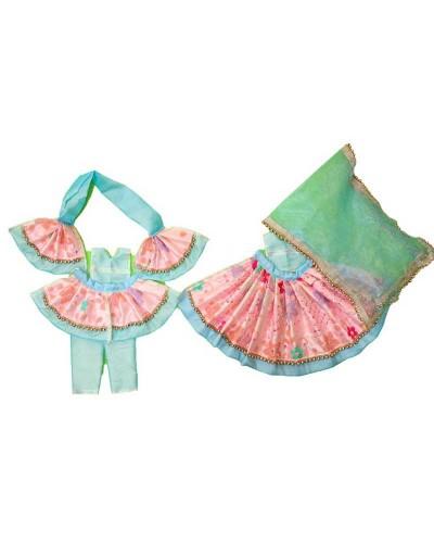 Delicate Pastel Pink & Blue Floral Radha Krishna Dress With Green Dupatta