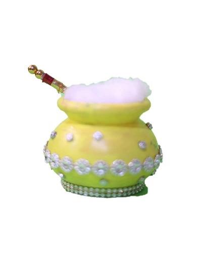 Decorative Hand-painted Yellow Pot With White Butter And Sparkling Silver Stone Work Ideal For Krishna Bhog