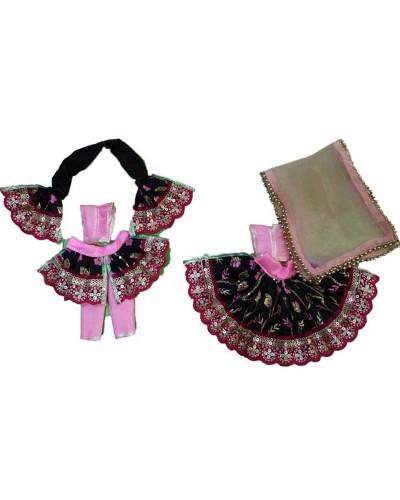 Elegant Black & Pink Floral Embroidered Radha Krishna Dress With Zari Border