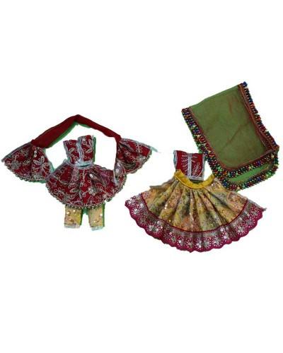 Festive Red And Yellow Radha Krishna Dress With Sequin Work And Beaded Dupatta