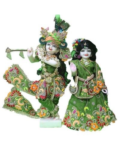 Designer Green Radha Krishna Idol Set With Multicolor Thread Work And Stone Embellishments For Janmashtami