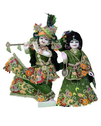 Hand-made Designer Green Radha Krishna Idol Set With Multicolor Thread Work And Stone Embellishments For Janmashtami & Hareeyaliteez