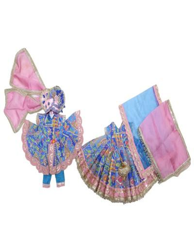 Radha Krishna Yugal Jodi Dress Set, Blue Printed  Poshak With Pagdi For Janmashtami & Daily Pooja
