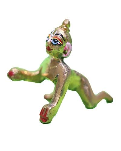 Shiny Gold Color Laddu Gopal Idol In Crawling Posture Hand Painted Resin Murti