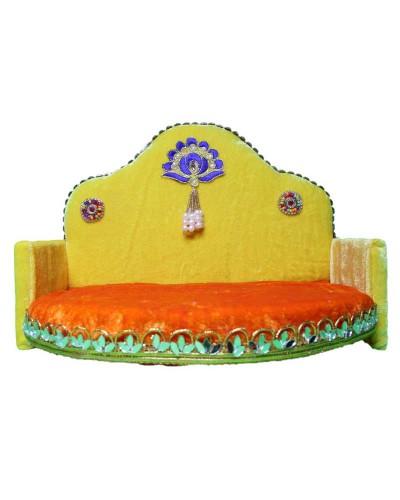 Yellow And Orange Velvet Singhasan With Decorative Pearl Tassel For Krishna Idol