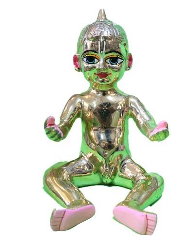 Charming Lala Statue Brass Baby Krishna In Sitting Pose With Vibrant Hand-painted Detail