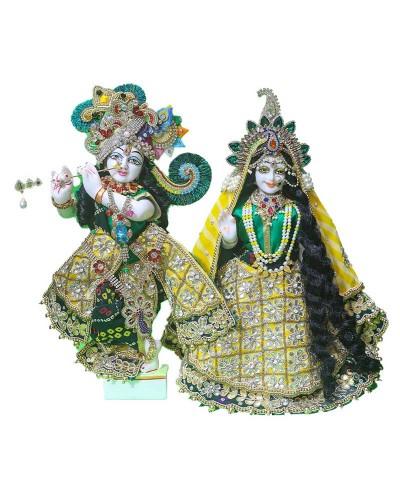 Divine Radha Krishna Statue Set With Designer Embroidered Attire And Ornate Jewelry For Religious And Festive Display