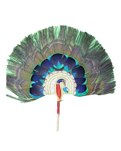 Authentic Peacock Feather Hand Fan With Intricate Beaded Peacock Motif And Colorful Details For Special Occasions