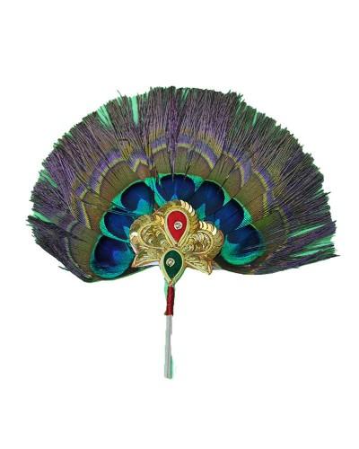 Decorative Lord Krishna Peacock Feather Fan With Rich Gold Filigree And Red-green Stone Accents For Janmashtami Celebrations