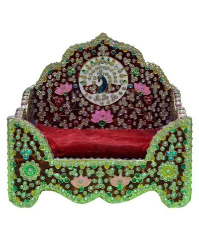 Peacock Themed Stone Studded Decorative Wooden Singhasan For Deity Idol