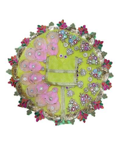 Traditional Yellow And Pink Organza Dress For Laddu Gopal With Fancy Lace Border