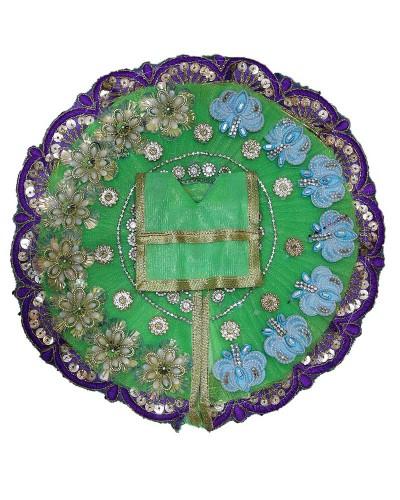 Green Laddu Gopal Dress With Purple Lace Border And Blue Floral Embroidery