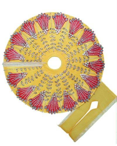 Bright Yellow Laddu Gopal Dress with Red Floral Embroidery and Diamond Stones
