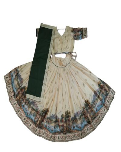 Beautiful Vrindavan Print Gopi Dress In An Elegant Beige & Green Combination. 