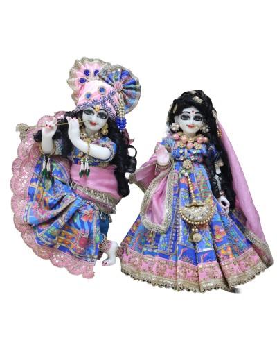 Radha Krishna Yugal Jodi Dress Set, Blue Printed  Poshak With Pagdi For Janmashtami & Daily Pooja in Dum Dum