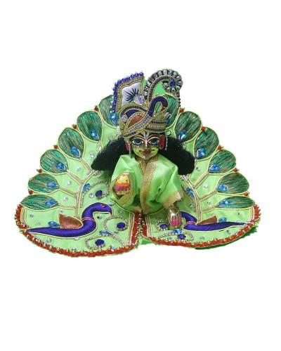 Vibrant Green Laddu Gopal Idol Dressed In Peacock Design Poshak & Matching Mukut For Janmashtami