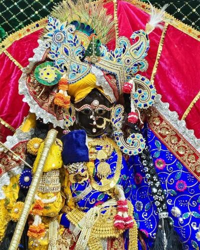 Beautiful Radhaballav Ji Poshak Royal Blue with Gold and Pink Accents