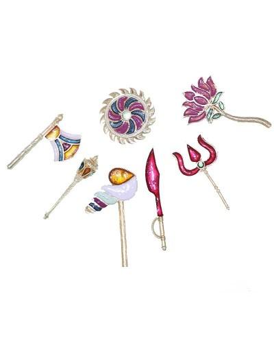 Colorful Enamel Deity Accessories Set Chakra Trishul Axe And Lotus For Hindu Idols
