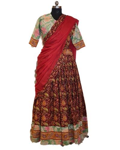 Contrast Block Print Lehenga With Maroon Skirt & Green Blouse