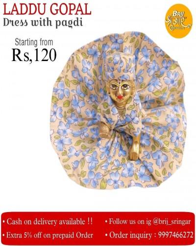 Cotton Laddu Gopal Dress With Blue Flower Motif And Pagdi
