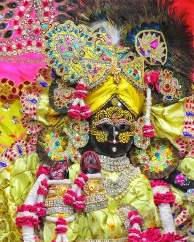 Elegant Yellow Poshak for Radhaballav Ji with Colorful Floral Garland