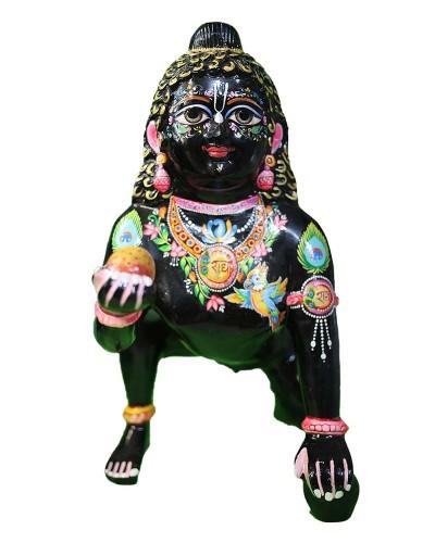 Exquisite Black Laddu Gopal Idol Hand-Painted Baby Krishna Murti With Intricate Details For Janmashtami & Festivals