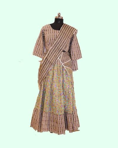 Floral Printed Anarkali Gown With Striped Dupatta Set
